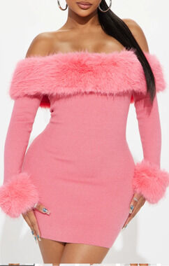 New Fashion Nova So Purrfect pink fur trim sweater dress Size Med Glam Retro